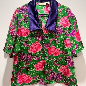 Vintage Victoria's Secret Women Top Sleepwear M Floral‎ Green Purple Gold Label